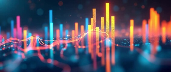 Cinematic data visualization with vibrant graphs and dynamic digital waves moving gently, as the camera slowly pans across the futuristic, technology-driven scene, evoking innovation and analytics. - Powered by Adobe