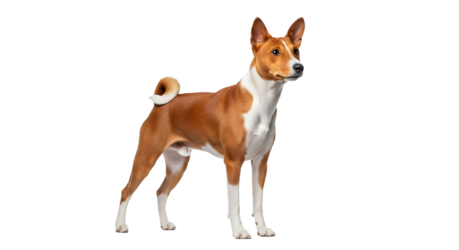 Basenji dog standing alert a purebred canine with a curled tail isolated on white background