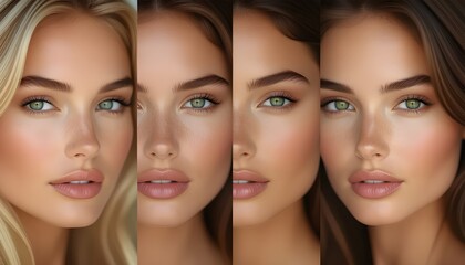 Elegant portraits of women with green eyes, and varied skin tones