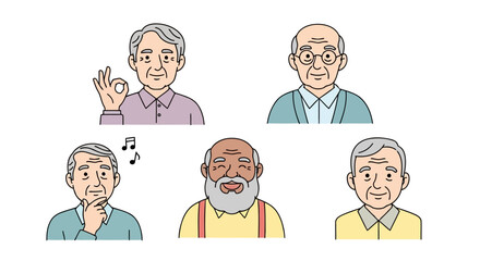 Five elderly men with different expressions and gestures