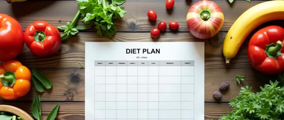 Fresh vegetables and fruits surround a blank diet plan sheet on a rustic wooden table, with a slow camera pan capturing the vibrant colors in a cinematic style, while leaves gently sway.