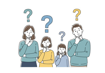 A family of four with question marks above their heads, looking confused and thoughtful
