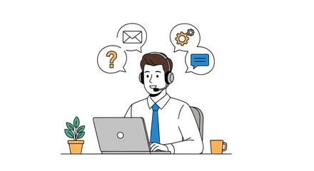 Customer service representative with headset and laptop, surrounded by icons representing communication and support
