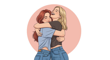 Two happy young women hugging each other tightly, expressing joy and friendship, with a soft pink circle in the background