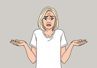 Confused woman shrugging shoulders with uncertain expression