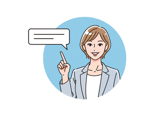Businesswoman pointing finger and speaking with speech bubble
