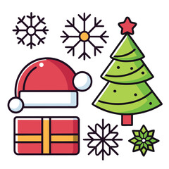 “Cute Christmas Icon Set with Santa Hat, Pine Tree and Snowflakes”