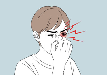 Closeup of a person rubbing their eye with red irritation and sharp pain signals, conveying discomfort and eye strain