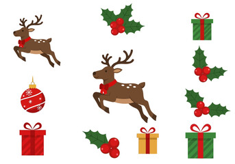 Festive Christmas Reindeer, Holly, and Gift Boxes in a Holiday Arrangement.