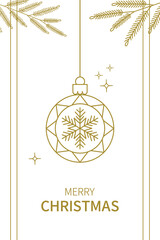Luxury gold merry christmas card vector, white elegant hanging baubles and ornaments line art.