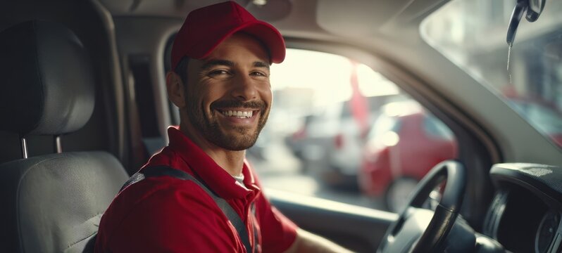 The delivery driver smiling in a red uniform inside a delivery van