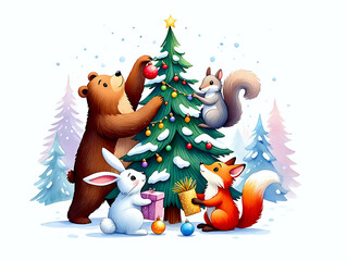 Cute forest animals celebrate Christmas with gifts, tea and decorations near a festive tree in snowy woods.