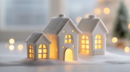Naklejka premium Stylish Christmas Scandinavian interior decoration. Miniature ceramic white houses with warm yellow LED lights inside, on a clean, light surface. Soft morning light, blurry snowy background, minimalis