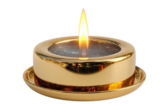 Modern minimalist golden metal candle holder with shining flame on transparent background - Powered by Adobe