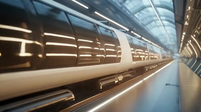 Futuristic high speed maglev train traveling through a modern tunnel