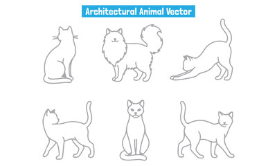 Clean architectural vector set of cats and dogs in minimalist line-art style — multiple pet poses, people walking dogs and leash elements. Perfect for plans, presentations and icons.