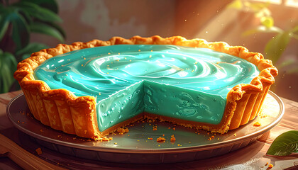 Turquoise cream pie with one triangular slice removed on a white background