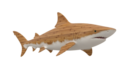 Wooden shark sculpture textured and detailed isolated on white background