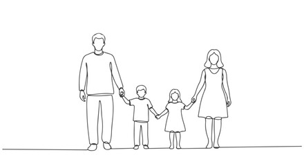 One line continuous drawing of a family of four holding hands, simple eps artwork for designs