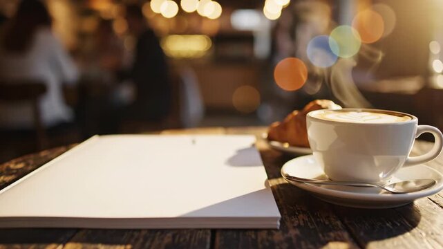 Coffee Cup, Menu, Croissant Cafe Tabletop Mockup, Restaurant Scene
