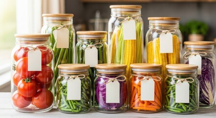 Organized kitchen pantry showcasing fresh vegetables and pasta in labeled glass jars