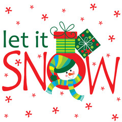 Cute snowman with let it snow text for Christmas card, gift bag or box design
