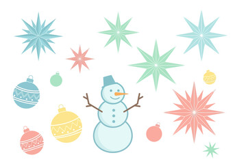 Festive Winter Scene Featuring Snowman, Ornaments, and Starburst Decorations.