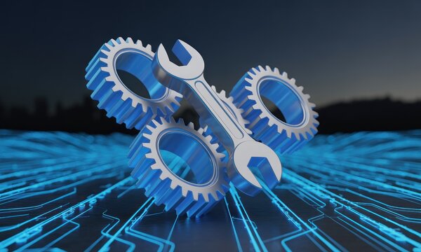 3D illustration of gears and a wrench, signifying maintenance and technology