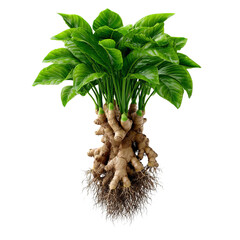 A lush green plant with prominent roots, symbolizing growth and vitality.