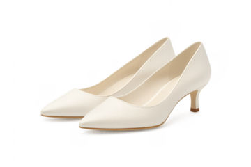 White wedding shoes with kitten heels on transparent background