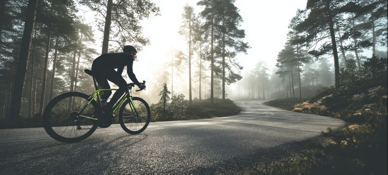 The Cyclist Riding a Road Bike Through Misty Pine Forest at Sunrise