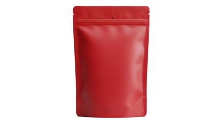 A vibrant red stand up pouch with a resealable zipper closure isolated on transparent background