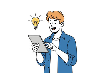 A young man with an idea, holding a tablet and looking at a glowing light bulb above his head