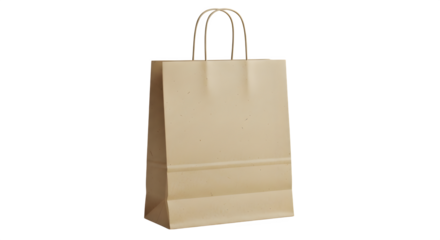 A plain brown paper shopping bag with twisted paper handles standing upright isolated on transparent background