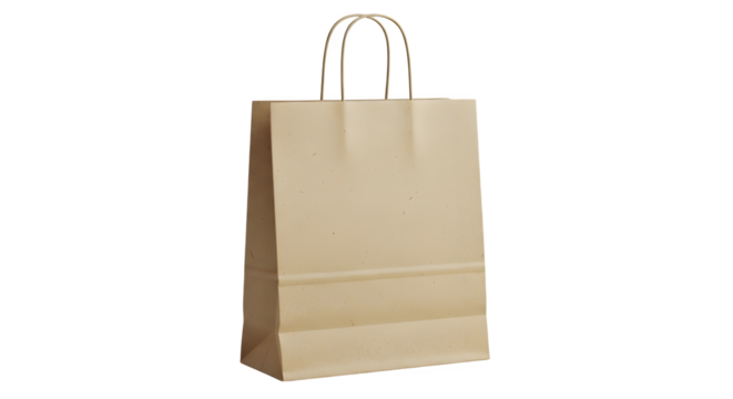 A plain brown paper shopping bag with twisted paper handles standing upright isolated on transparent background