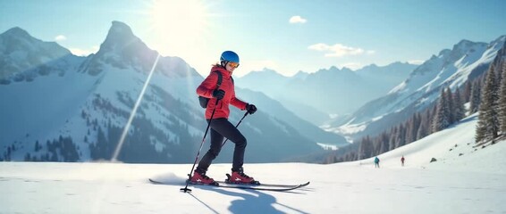 Skier glides down snowy mountain slope, camera gently follows in cinematic style as sunlight dances on peaks, capturing serene winter adventure, high-altitude thrill, and crisp alpine air.