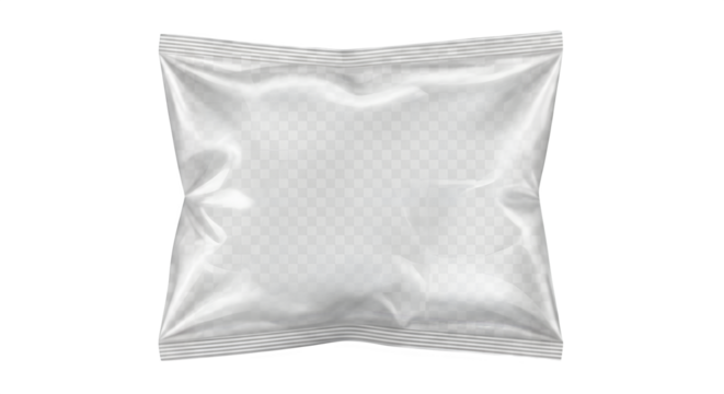 Blank white flexible foil pouch for food packaging with sealed edges isolated on transparent background
