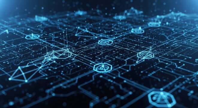 Abstract digital network of glowing blue circuits and nodes representing technology and data flow