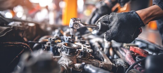 The Engine Repair Process with Mechanic Hand Using Ratchet Wrench in Garage