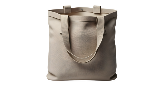 Natural canvas tote bag with textured pattern and handles isolated on transparent background