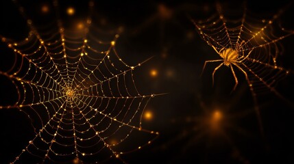 Eerie golden spider and shimmering web against a dark backdrop for a spooky Halloween season or thrilling horror themed event invitations
