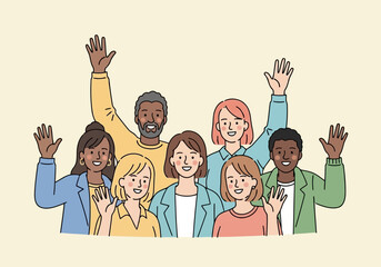 Diverse group of people waving and smiling, representing unity, community, and collaboration