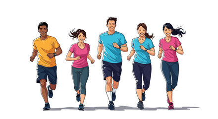 Obraz premium Diverse group of five people running together