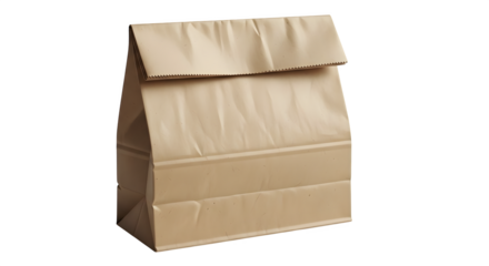 A simple brown paper lunch bag with a folded top standing upright isolated on transparent background