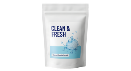White pouch packaging for cleaning product with clean and fresh text and blue graphic design isolated on transparent background