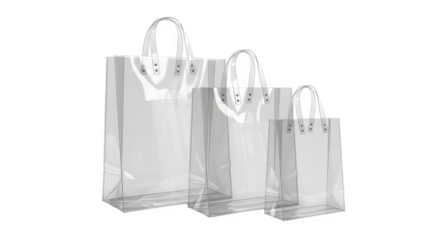 Three clear plastic shopping bags of varying sizes with white handles isolated on transparent background