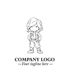 Black and White Chibi Girl Standing in Jacket, Pants, and Boots. Simple Bold Vector Illustration
