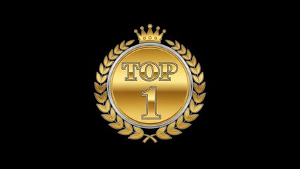 Naklejka premium Golden Top One Badge Award with Laurel Wreath on Black Background