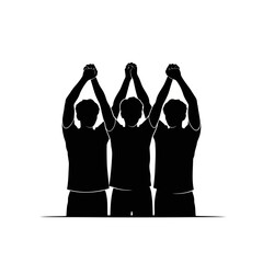 Three people raising their hands in the air, celebrating success