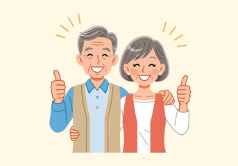 Smiling elderly couple giving a thumbs up gesture, representing happiness and approval in retirement